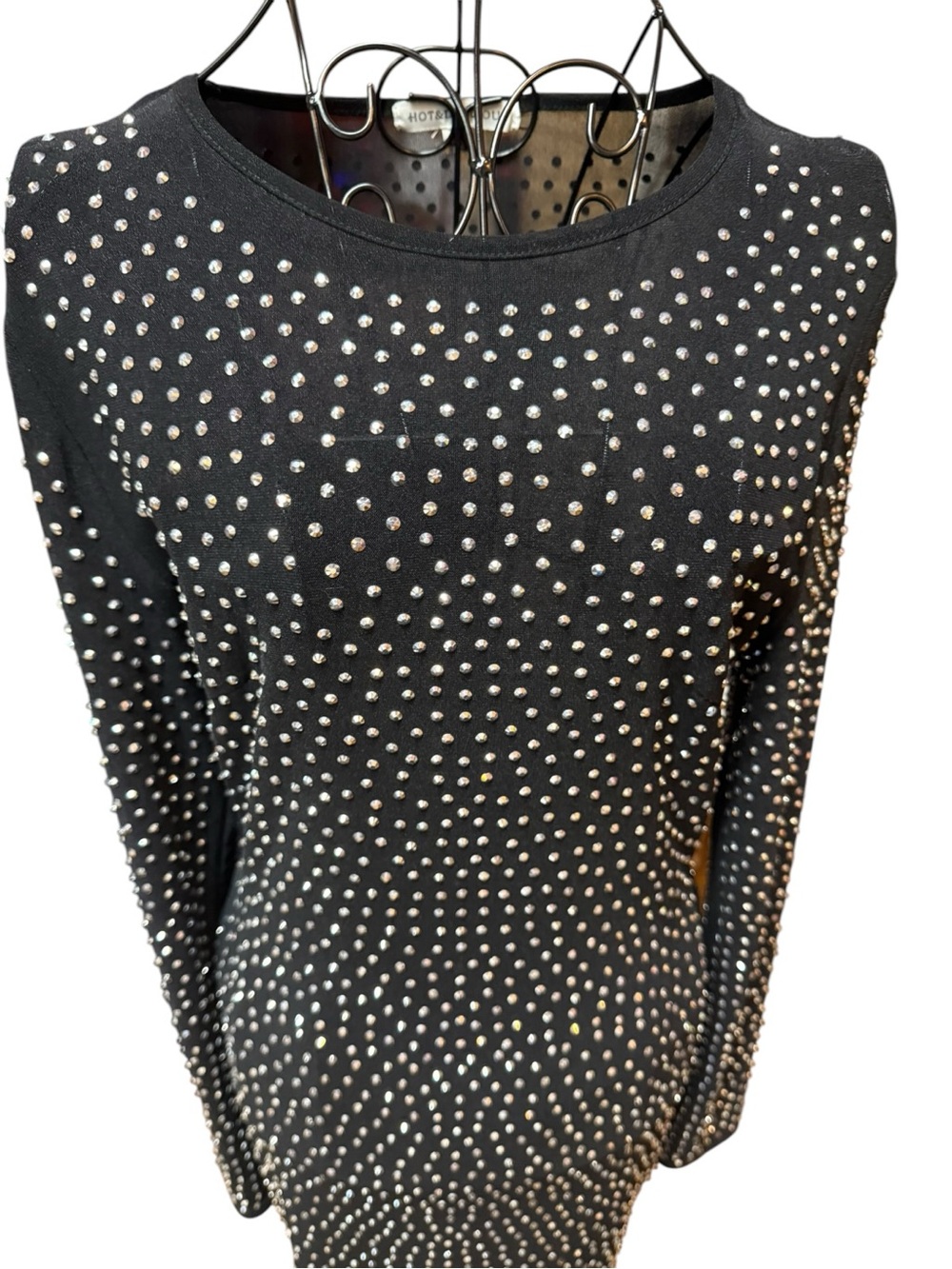 Black Rhinestone Studded Long Sleeve Bodycon Dress Large - Picture 3 of 8